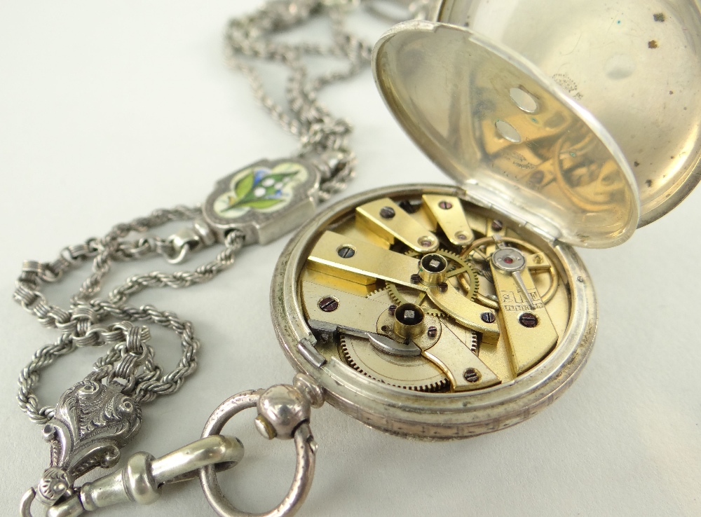 VICTORIAN SILVER LADIES FOB WATCH with gold oak leaf bezel and multi-strand silver Albert with - Image 6 of 6