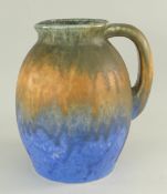 RUSKIN BULBOUS JUG, brown, orange and blue dripped glazes, incised Halson Taylor, Ruskin impressed