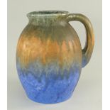 RUSKIN BULBOUS JUG, brown, orange and blue dripped glazes, incised Halson Taylor, Ruskin impressed