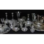 ASSORTED PRESSED & OTHER GLASS to include decanters, vases, a Mary Gregory-style jug ETC