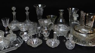 ASSORTED PRESSED & OTHER GLASS to include decanters, vases, a Mary Gregory-style jug ETC