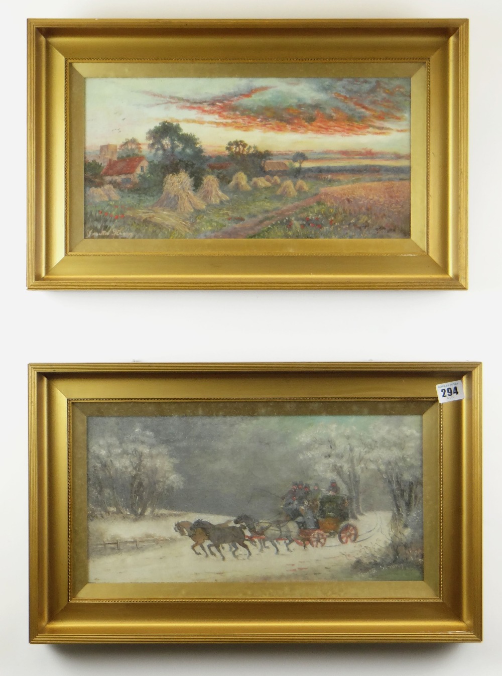 JANETTA STRONG oil on canvas - two autumn and winter landscape featuring hayrick's and coach and