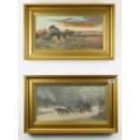 JANETTA STRONG oil on canvas - two autumn and winter landscape featuring hayrick's and coach and