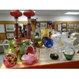 ASSORTED COLOURED & CUT GLASS including pair of oil lamps ETC