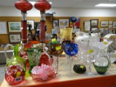 ASSORTED COLOURED & CUT GLASS including pair of oil lamps ETC