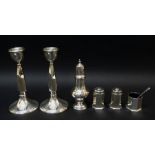 PAIR OF GEORGE V SILVER CANDLESTICKS, BIRMINGHAM 1926, 17cms high, modern silver piriform sugar