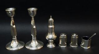 PAIR OF GEORGE V SILVER CANDLESTICKS, BIRMINGHAM 1926, 17cms high, modern silver piriform sugar