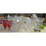 ASSORTED CUT GLASS WARE including pair of ruby flashed flower vases, clear glass pedestal bowls,
