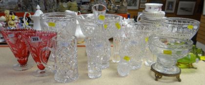 ASSORTED CUT GLASS WARE including pair of ruby flashed flower vases, clear glass pedestal bowls,