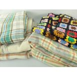 FIVE VINTAGE WOOLLEN BLANKETS in pastel shades of ivory, green, grey, blue, yellow ETC and a