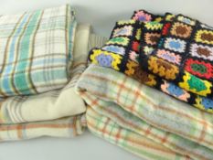 FIVE VINTAGE WOOLLEN BLANKETS in pastel shades of ivory, green, grey, blue, yellow ETC and a