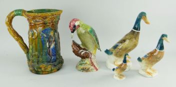 BESWICK FIGURINES including one woodpecker (1218), three mallard ducks and a French Majolica