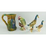 BESWICK FIGURINES including one woodpecker (1218), three mallard ducks and a French Majolica