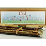 ASSORTED WALKING CANES, cane handle, two souvenir cricket bats and a Gren cartoon signed by