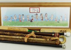 ASSORTED WALKING CANES, cane handle, two souvenir cricket bats and a Gren cartoon signed by