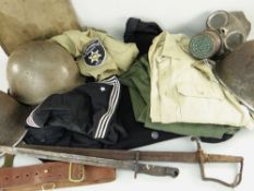 ASSORTED MILITARIA TO INCLUDE US MODEL 1917 BAYONET, home office gas mask, three helmets, belts,