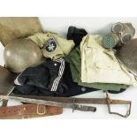 ASSORTED MILITARIA TO INCLUDE US MODEL 1917 BAYONET, home office gas mask, three helmets, belts,