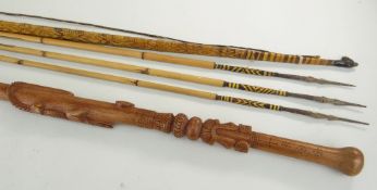 SOLOMON ISLANDS BOW AND THREE ARROWS, with two-tone plaited fibre bindings, arrows 135cm, bow 146cm;