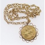 VICTORIAN 1898 GOLD SOVEREIGN IN 9CT GOLD MOUNT on 9ct gold belcher chain, 19.2gms overall