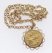 VICTORIAN 1898 GOLD SOVEREIGN IN 9CT GOLD MOUNT on 9ct gold belcher chain, 19.2gms overall