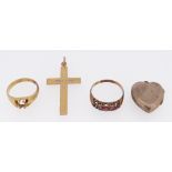9CT GOLD DRESS RING (stone missing) & 18CT GOLD RING (stone missing) together with 9ct crucifix