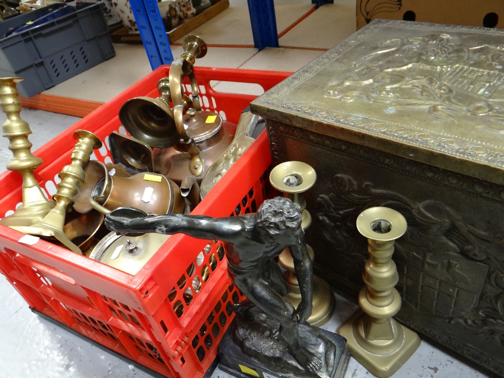 ASSORTED METALWARE including a copper and brass fireplace ornament, candlesticks, spelter figure