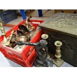 ASSORTED METALWARE including a copper and brass fireplace ornament, candlesticks, spelter figure