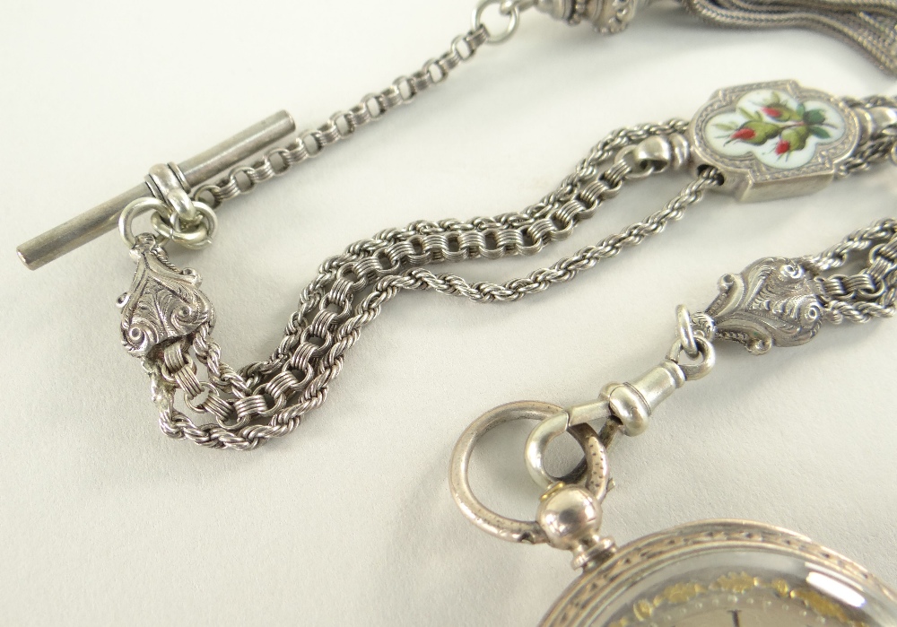VICTORIAN SILVER LADIES FOB WATCH with gold oak leaf bezel and multi-strand silver Albert with - Image 4 of 6