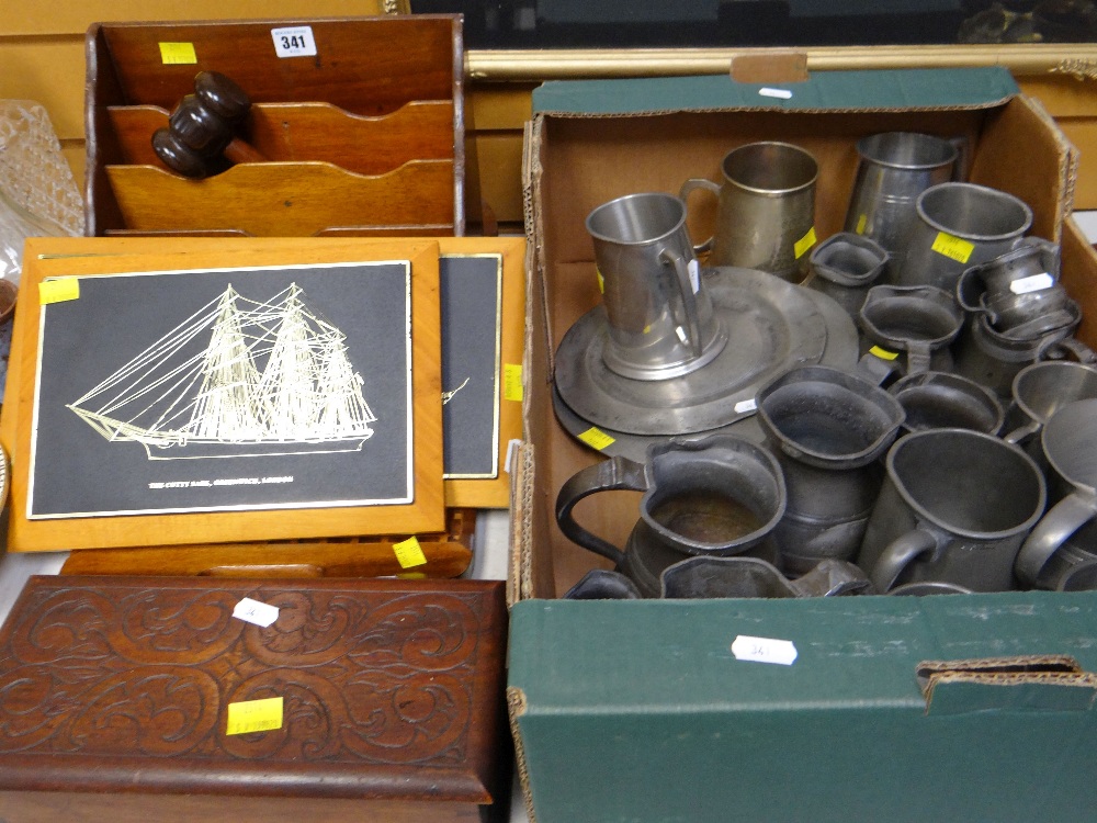 ASSORTED PEWTER TANKARDS, MEASURES & PLATES together with vintage letter rack, box, gavel and ship