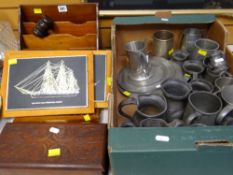 ASSORTED PEWTER TANKARDS, MEASURES & PLATES together with vintage letter rack, box, gavel and ship