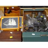 ASSORTED PEWTER TANKARDS, MEASURES & PLATES together with vintage letter rack, box, gavel and ship