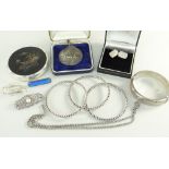 ASSORTED SILVER & PLATE to include silver bangle, cufflinks, silver Shire Horse Society medal,