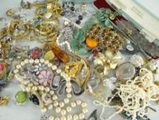 COSTUME JEWELLERY TO INCLUDE BEADS, BROOCHES, earrings, necklaces, bracelets ETC (2)