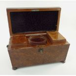 EARLY 19TH CENTURY YEW WOOD TEA CADDY, hinged lid opening to a fitted interior with glass, worn,