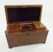 EARLY 19TH CENTURY YEW WOOD TEA CADDY, hinged lid opening to a fitted interior with glass, worn,