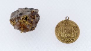 1868 FILIPINAS GOLD 1 PESO COIN, 1.6gms, together with quartz mineral specimen appearing to show