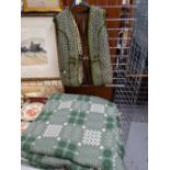 TRADITIONAL WELSH WOOL WOVEN TAPESTRY BEDSPREAD in green and white (fitted) together with two ladies
