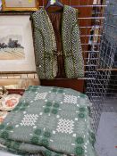 TRADITIONAL WELSH WOOL WOVEN TAPESTRY BEDSPREAD in green and white (fitted) together with two ladies