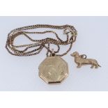 9CT YELLOW GOLD OCTAGONAL LOCKET ON 9CT GOLD CHAIN, together with 9ct gold dachshund charm, 7.2gms