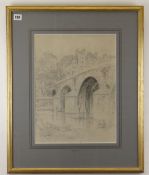 FOLLOWER OF HEDLEY FITTON pencil - bridge over the Seine, Paris, 42 x 31cms, mount inscribed