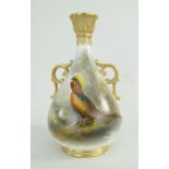 ROYAL WORCESTER PORCELAIN TWIN-HANDLED VASE PAINTED BY JAMES STINTON, shape no. 995, decorated