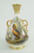 ROYAL WORCESTER PORCELAIN TWIN-HANDLED VASE PAINTED BY JAMES STINTON, shape no. 995, decorated