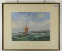 RICHARD SHORT gouache - ship in choppy seas off coastline with lighthouse, signed, 26 x 34cms