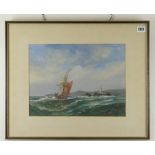 RICHARD SHORT gouache - ship in choppy seas off coastline with lighthouse, signed, 26 x 34cms