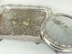 GOOD LARGE SILVER PLATED TEA TRAY with lozenge pierced sides and fruit in grapevine edge, 75cms wide