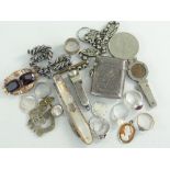 ASSORTED SILVER TO INCLUDE CHARM BRACELET, CIGAR CUTTER, silver and mother of pearl fruit knife,