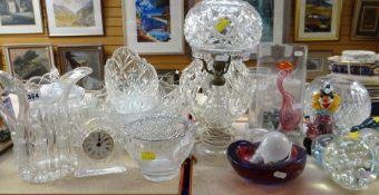 ASSORTED CUT GLASS & COLOURED ART GLASS including table lamp, Victorian water jug, Murano-type