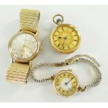 18CT YELLOW GOLD FLORALLY ENGRAVED FOB WATCH, 9ct gold ladies wristwatch and 9ct gold gents Rotary