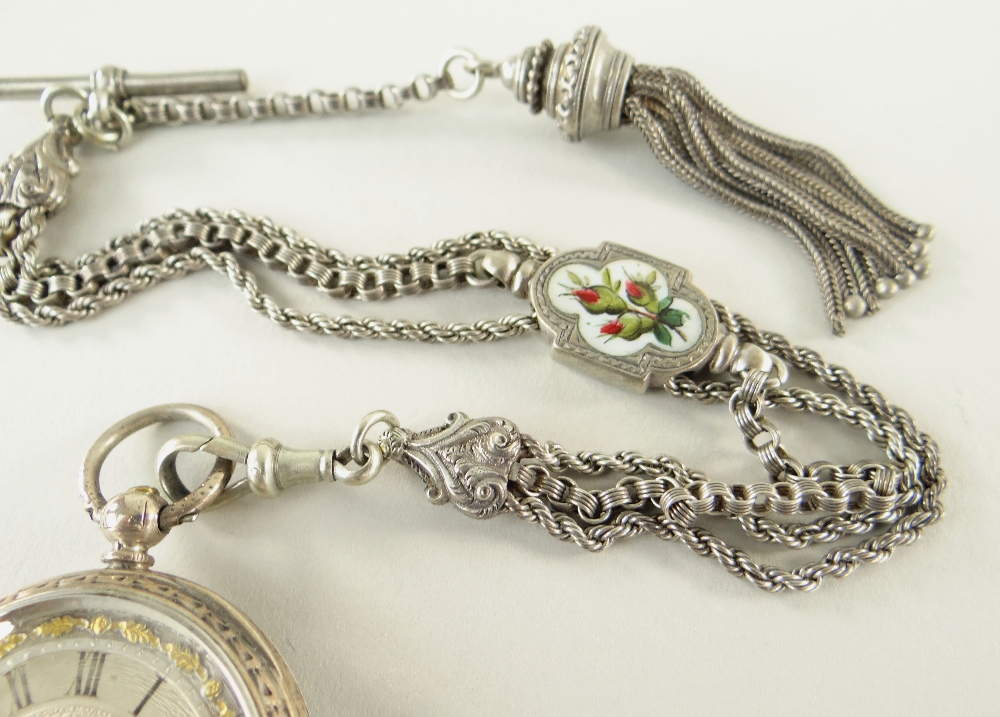 VICTORIAN SILVER LADIES FOB WATCH with gold oak leaf bezel and multi-strand silver Albert with - Image 3 of 6