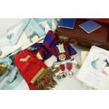 ASSORTED 20TH CENTURY MASONIC MEMORABILIA, with roll of honour and steward medals, blue satin